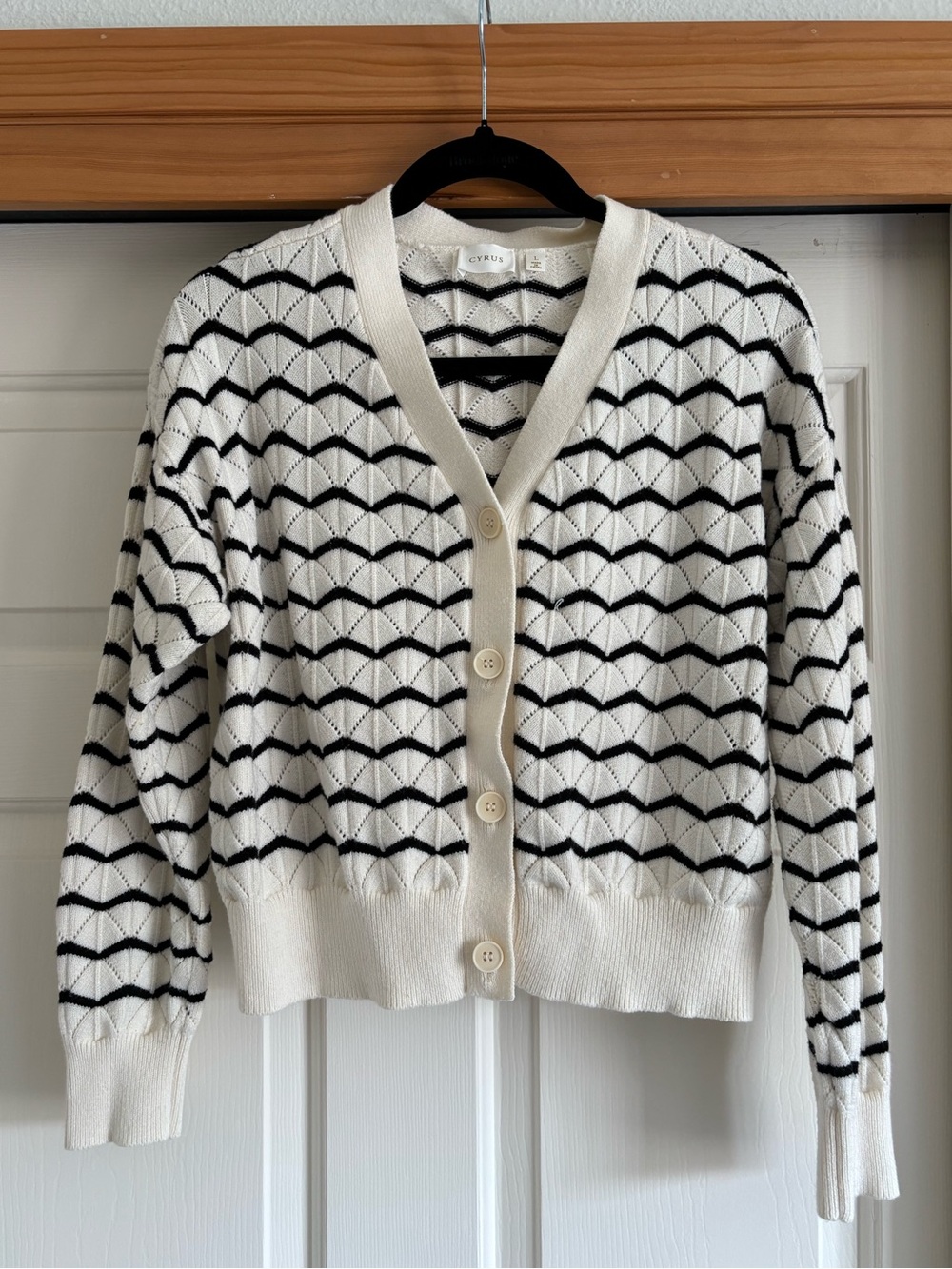Cyrus Cream and Black Scallop-Pattern V-Neck Button Up Cardigan